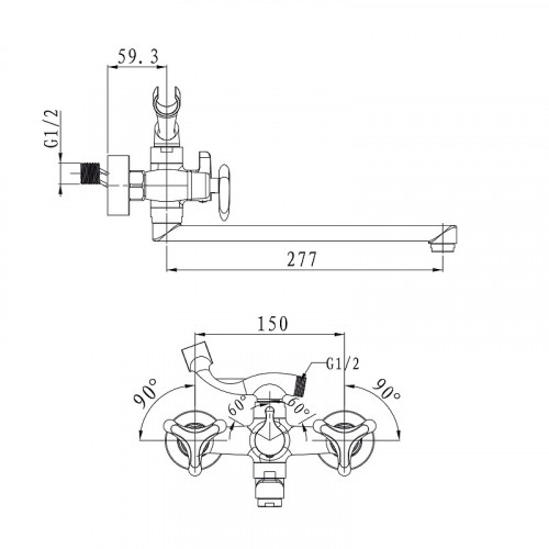 Смеситель для ванны Kaiser Trio 57055 универсальный Хром латунь на стену