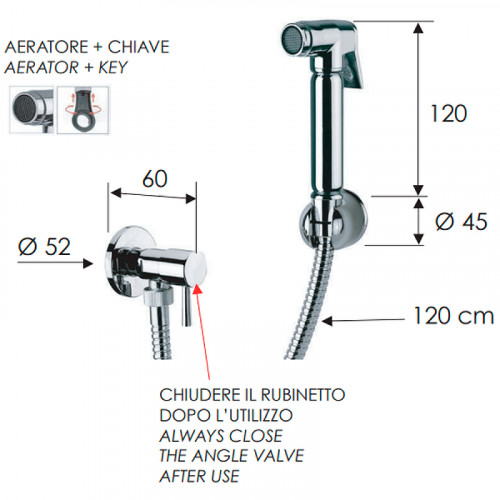 Гигиенический душ с запорным вентилем Remer 332RELA Хром латунь на стену