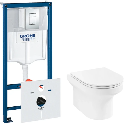 Комплект унитаза Jacob Delafon Elite EDX114RU-00 с инсталляцией Grohe Rapid SL 38775001 с сиденьем Микролифт и клавишей смыва Хром фарфор подвесной