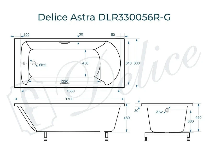 Ванна из искусственного камня Delice Astra 170х80 DLR330056R-G цвет Белый глянцевый с ручками Хром
