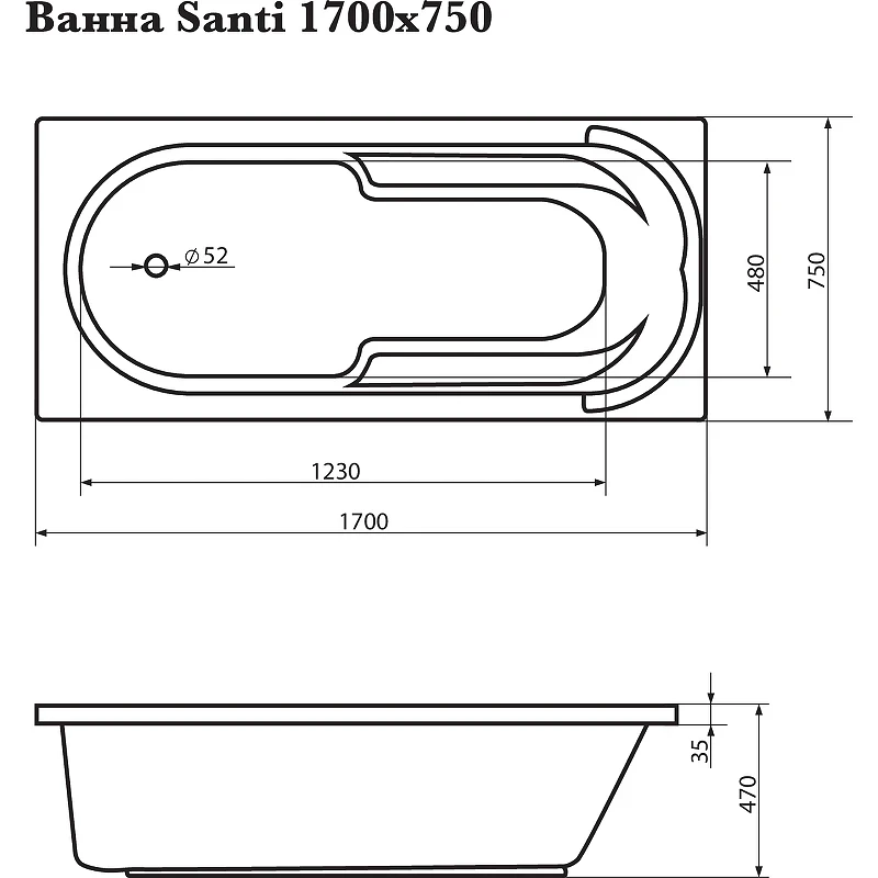 Акриловая ванна Corpa Nera Santi 170x75 CN05022WH без гидромассажа