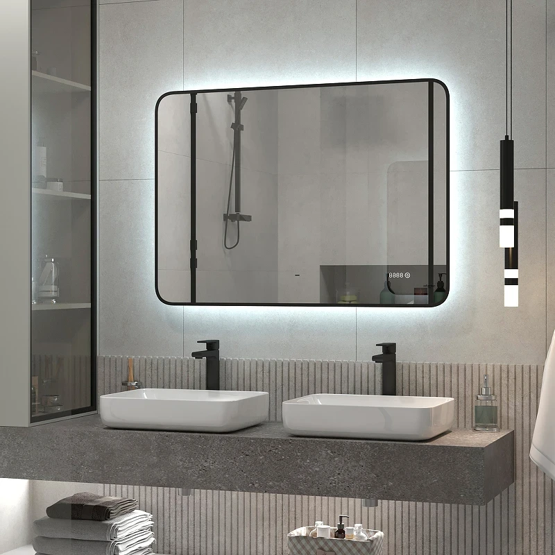 Зеркало Reflection Black View 1000х700 RF4004BV с подсветкой Черное с бесконтактным выключателем, диммером и часами МДФ / ЛДСП, стекло