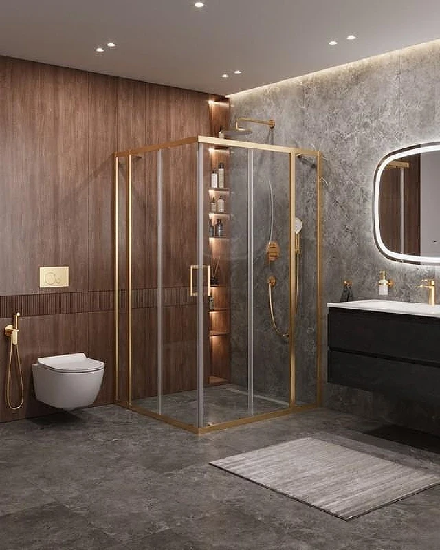 Душевой уголок Cezares Molveno 120x110 MOLVENO-AH-22-120/110-C-BORO-IV Брашированное золото стекло прозрачное