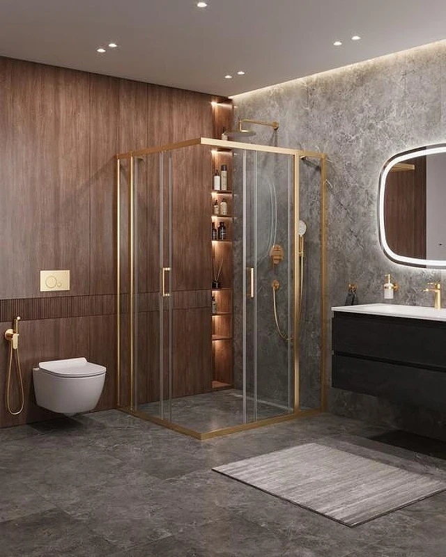 Душевой уголок Cezares Molveno 120x110 MOLVENO-AH-22-120/110-C-BORO-IV Брашированное золото стекло прозрачное