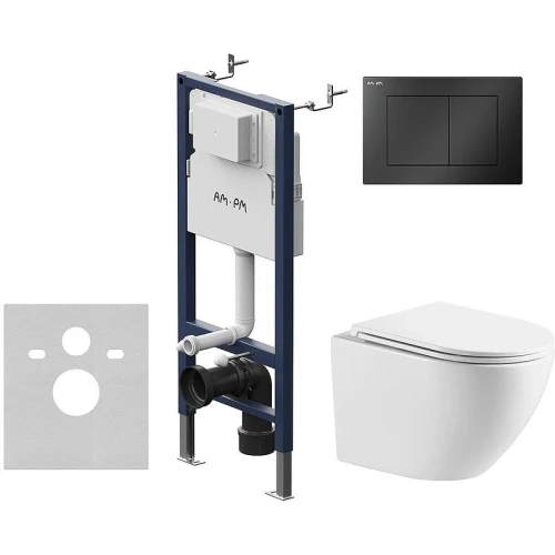Унитаз с инсталляцией WellWant Aura WWU01121WK + AM.PM PrimeFit I012709.0238 с сиденьем Микролифт и Черной матовой клавишей смыва