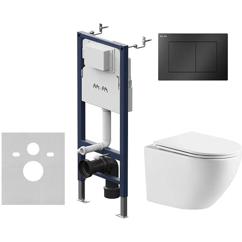 Унитаз с инсталляцией WellWant Aura WWU01121WK + AM.PM PrimeFit I012709.0238 с сиденьем Микролифт и Черной матовой клавишей смыва