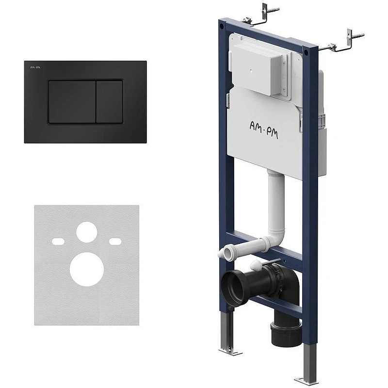 Унитаз с инсталляцией WellWant Aura WWU01121WK + AM.PM PrimeFit I012709.0238 с сиденьем Микролифт и Черной матовой клавишей смыва