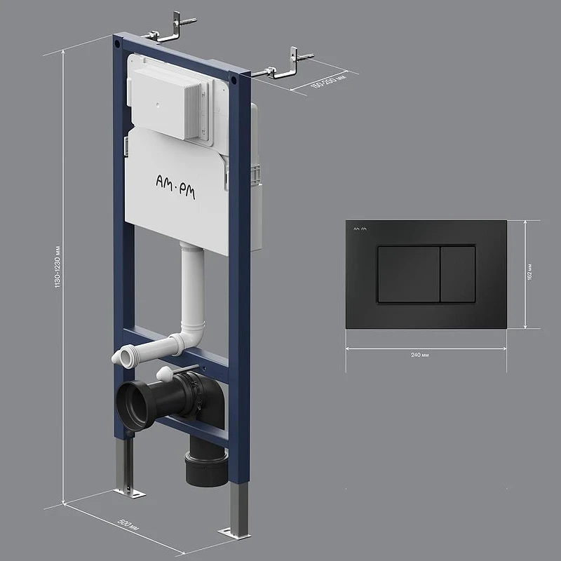 Унитаз с инсталляцией WellWant Aura WWU01121WK + AM.PM PrimeFit I012709.0238 с сиденьем Микролифт и Черной матовой клавишей смыва