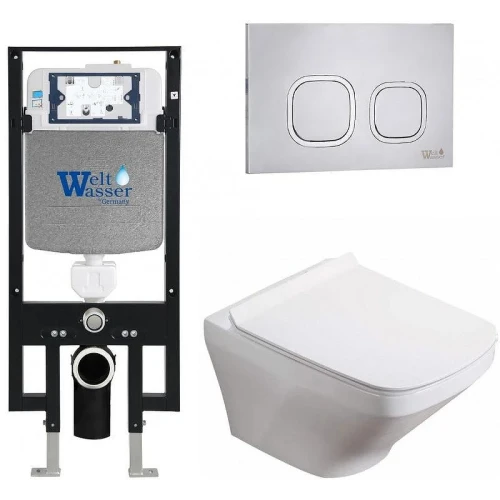 Комплект унитаза с инсталляцией WeltWasser AMBERG 497 + HOFBACH 041 GL-WT + AMBERG RD-MT CR 10000011649 цвет Белый глянцевый с сиденьем Микролифт и клавишей смыва цвет Хром матовый