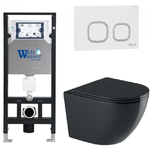 Комплект унитаза с инсталляцией WeltWasser AMBERG 506 + MERZBACH 043 GL-BL + AMBERG RD-WT 10000012189 цвет Черный глянцевый с сиденьем Микролифт и клавишей смыва цвет Белый