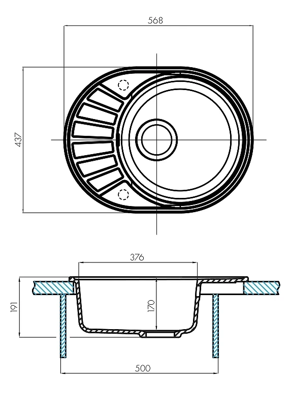 Кухонная мойка Aquaton Чезана 57 1A711232CS210 Графит искусственный камень (литьевой мрамор) встраиваемый
