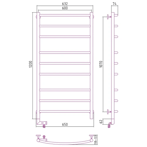 Электрический полотенцесушитель Сунержа Галант 2.0 1200x600 L 31-5200-1260 Черный матовый нержавеющая сталь
