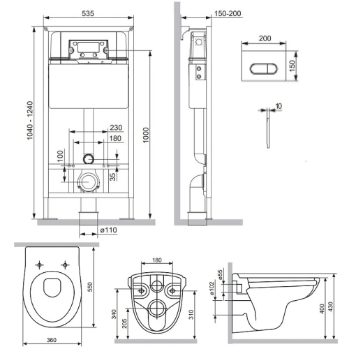 Комплект унитаза с инсталляцией Damixa Willow DX15.IS30251.1700 с сиденьем Микролифт и клавишей смыва Хром глянцевый фарфор подвесной