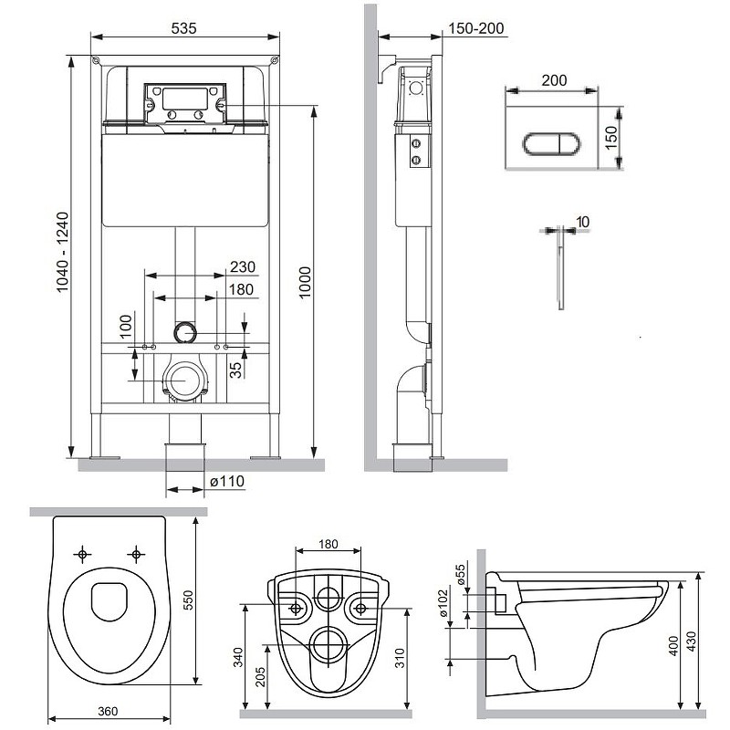 Комплект унитаза с инсталляцией Damixa Willow DX15.IS30251.1700 с сиденьем Микролифт и клавишей смыва Хром глянцевый фарфор подвесной