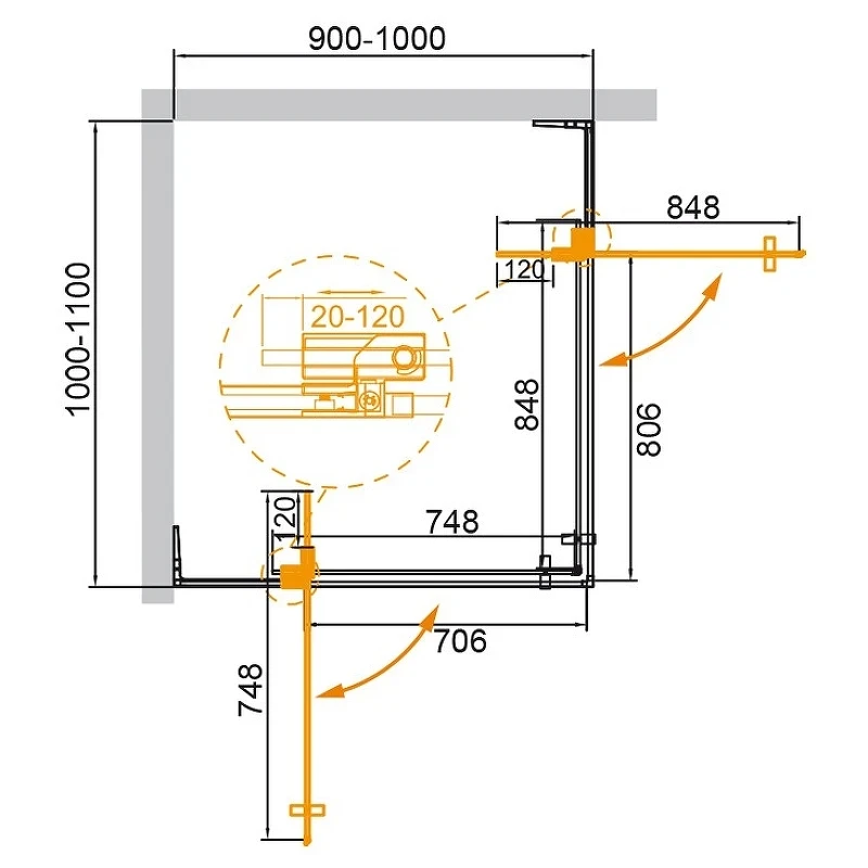 Душевой уголок Cezares Slider 110x100 SLIDER-AH-2-90/100-100/110-C-BORO профиль Брашированное золото стекло прозрачное