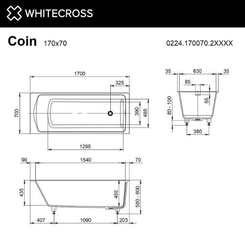 Ванна из искусственного камня Whitecross Coin 170х70 0224.170070.2XXXX цвет RAL матовый