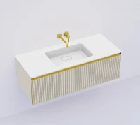 Тумба под раковину Boheme Armadi Art Quatro 1 120 790-M1-120-RIB-CM-MG-LED подвесная цвет Кашемир профиль Золото матовое