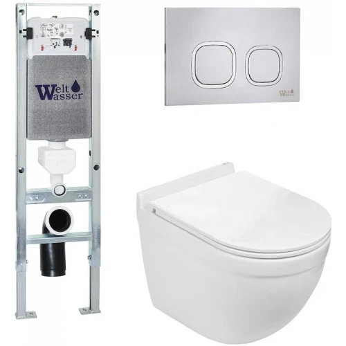 Комплект унитаза с инсталляцией WeltWasser AMBERG 350 ST + HEIMBACH 043 GL-WT + AMBERG RD-MT CR 10000012133 цвет Белый глянцевый с сиденьем Микролифт и клавишей смыва цвет Хром матовый