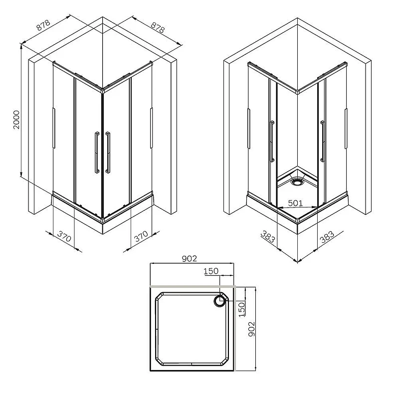 Душевой уголок AM.PM Func 90x90 W84G-403-9090-МТ профиль Хром матовый стекло прозрачное