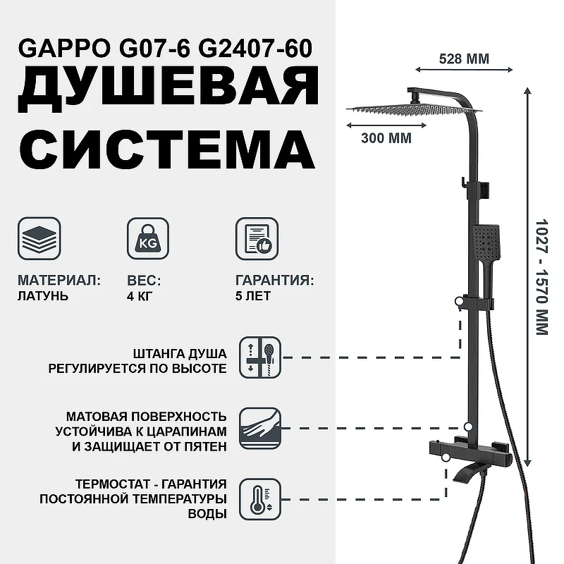 Душевая система Gappo G07-6 G2407-60 с термостатом Черная матовая латунь на стену