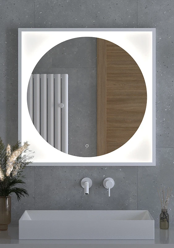 Зеркало Defesto Eclipce 80х80 DF 2228S с подсветкой 18W-4500К/в багетной раме/Сенсорный выключатель/Нейтральный белый свет/Белая рама