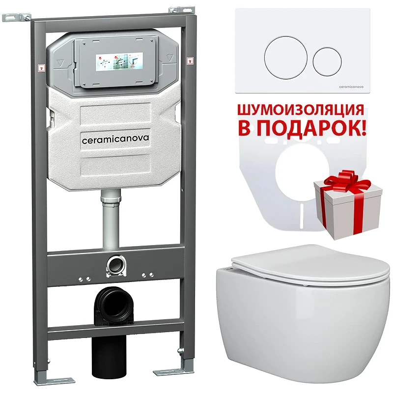 Комплект унитаза с инсталляцией Ceramicanova Play CN3001_1001W_1000 с сиденьем Микролифт и Белой клавишей смыва фаянс подвесной