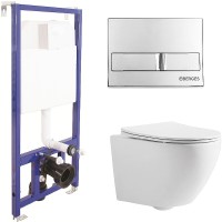 Комплект унитаза CeramaLux 2197 с инсталляцией Berges Novum L3 040213 с сиденьем Микролифт и клавишей смыва Хром фаянс подвесной