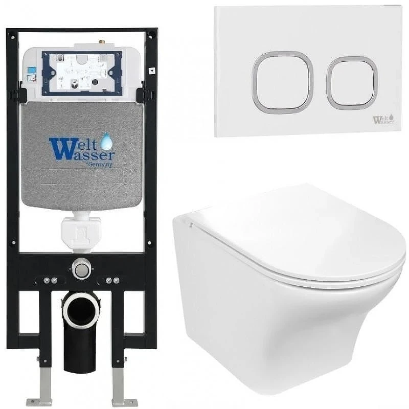 Комплект унитаза с инсталляцией WeltWasser AMBERG 497 + ODENBACH 004 GL-WT + AMBERG RD-WT 10000006654 цвет Белый глянцевый с сиденьем Микролифт и клавишей смыва цвет Белый