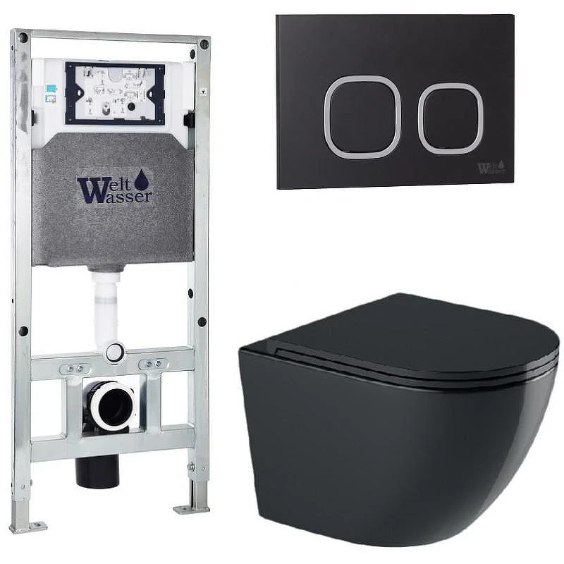 Комплект унитаза с инсталляцией WeltWasser AMBERG 506 ST + MERZBACH 043 GL-BL + AMBERG RD-BL 10000012191 цвет Черный глянцевый с сиденьем Микролифт и клавишей смыва цвет Черный