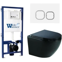 Комплект унитаза с инсталляцией WeltWasser BAMBERG 525 + MERZBACH 041 XL MT-BL + BAMBERG WT 10000012874 цвет Черный матовый с сиденьем Микролифт и клавишей смыва цвет Белый