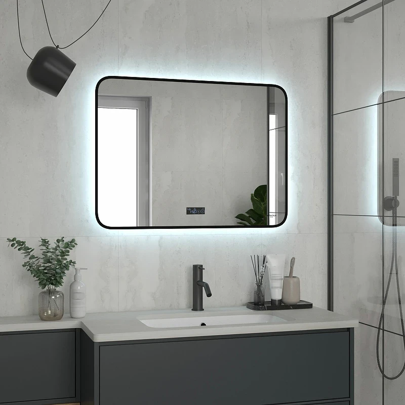 Зеркало Reflection Shadow 800х600 RF5733SH с подсветкой Черное с сенсорным выключателем, диммером, подогревом и часами МДФ / ЛДСП, стекло