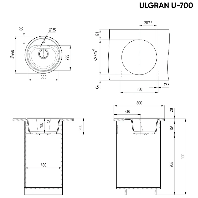 Кухонная мойка Ulgran Classic U-700-342 Графит искусственный камень (литьевой мрамор) встраиваемый
