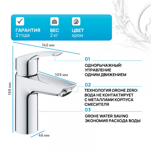 Смеситель для раковины Grohe Eurosmart 23922003 Хром латунь