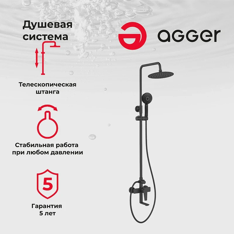 Душевая система Agger Brilliant A0393344 Черная матовая латунь на стену