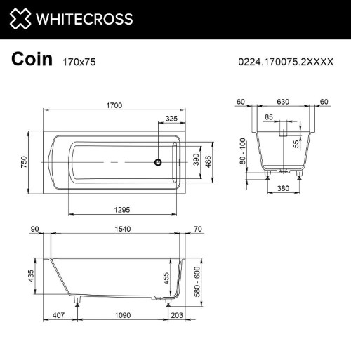 Ванна из искусственного камня Whitecross Coin 170х75 0224.170075.2XXXX цвет RAL матовый