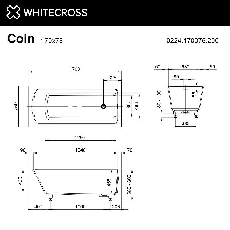 Ванна из искусственного камня Whitecross Coin 170x75 0224.170075.200.SMART.CR цвет Белый матовый с гидромассажем форсунки Хром