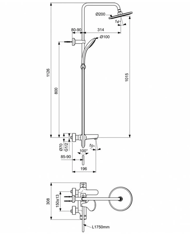 Душевая система Ideal Standard Cerafine Model O BC525XG Черный шелк латунь на стену