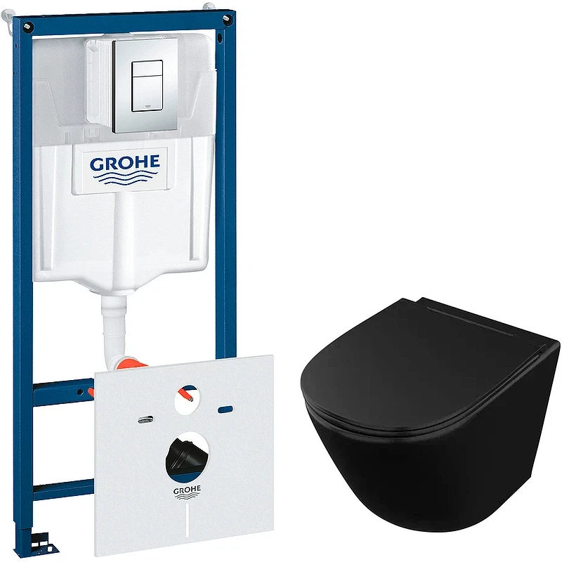 Комплект унитаза Owl 1975 Vind Cirkel-H OWLT190305 с инсталляцией Grohe Rapid SL 38775001 с сиденьем Микролифт и клавишей смыва Хром фарфор подвесной