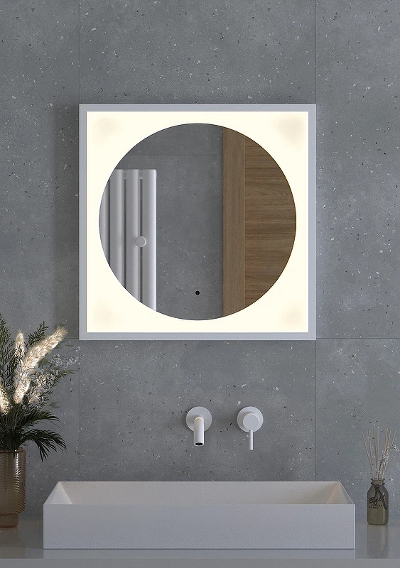 Зеркало Defesto Eclipce 60х60 DF 2236R с подсветкой 12W-3000К/в багетной раме/ИК - выключатель/Теплый белый свет/Белая рама