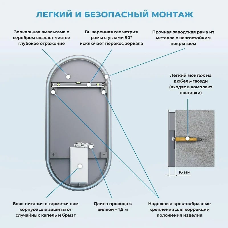 Зеркало Wellsee 7 Rays' Spectrum 50 172201890-172201900 с подсветкой цвет Черный матовый с сенсорным выключателем