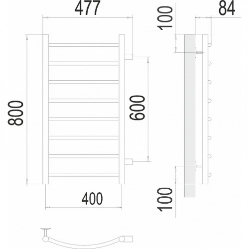 Водяной полотенцесушитель Terminus Классик П8 400х800 бп600 4670078530240 Хром, боковое подключение, G 1" НР нержавеющая сталь