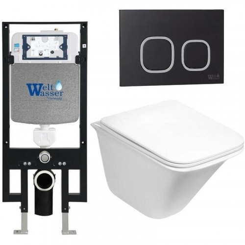 Комплект унитаза с инсталляцией WeltWasser AMBERG 497 + ROTBACH 004 GL-WT + AMBERG RD-BL 10000006655 цвет Белый глянцевый с сиденьем Микролифт и клавишей смыва цвет Черный