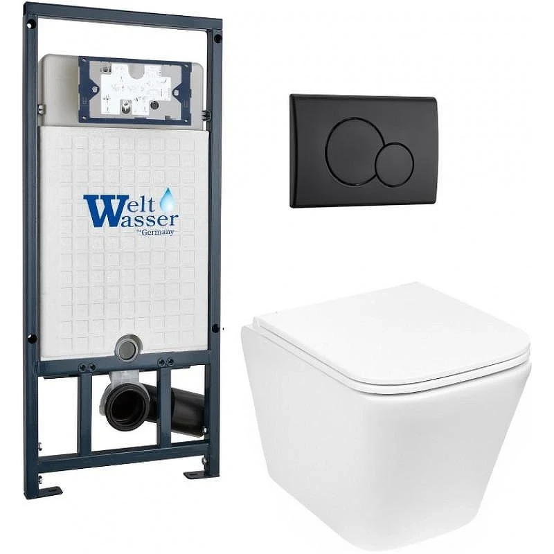 Комплект унитаза с инсталляцией WeltWasser MARBERG 507 + GELBACH 043 MT-WT + MAR 507 RD MT-BL 10000011920 цвет Черный матовый с сиденьем Микролифт и клавишей смыва цвет Черный матовый