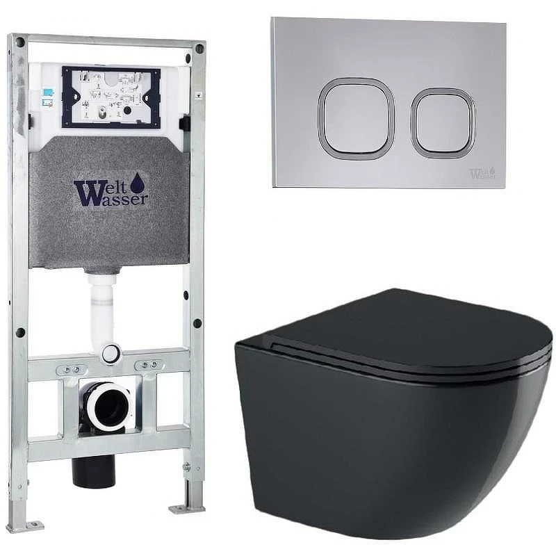 Комплект унитаза с инсталляцией WeltWasser AMBERG 506 ST + MERZBACH 043 GL-BL + AMBERG RD-CR 10000012192 цвет Черный глянцевый с сиденьем Микролифт и клавишей смыва цвет Хром