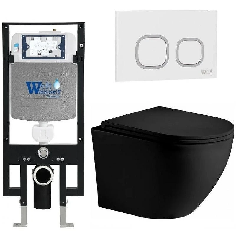 Комплект унитаза с инсталляцией WeltWasser AMBERG 497 + MERZBACH 043 XL MT-BL + AMBERG RD-WT 10000014110 цвет Черный матовый с сиденьем Микролифт и клавишей смыва цвет Белый