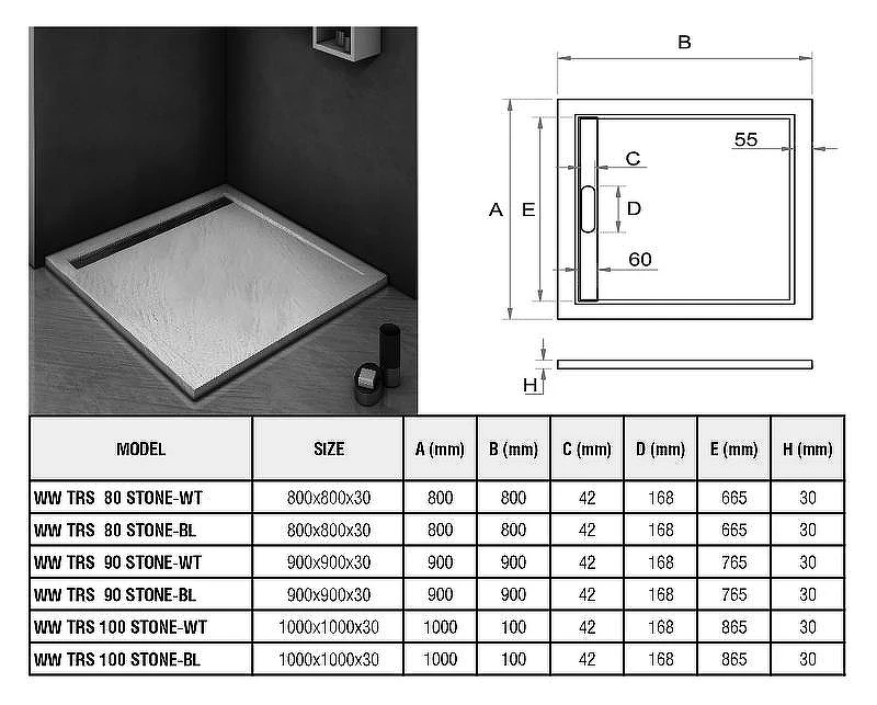 Душевой поддон из искусственного камня WeltWasser WW TRS 90 STONE-WT 90x90 10000004366 Белый