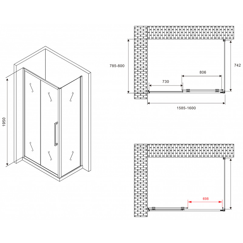 Душевой уголок Abber Schwarzer Diamant 160x80 AG30160BMH-S80BM профиль Черный стекло матовое