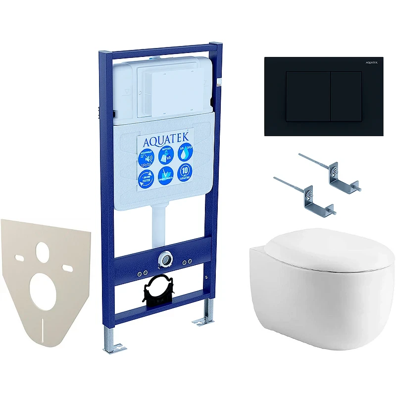 Комплект унитаза с инсталляцией Aquatek Set Aquatek Альтаир cm-012 4в1 с сиденьем Микролифт и Черной матовой клавишей смыва фарфор подвесной