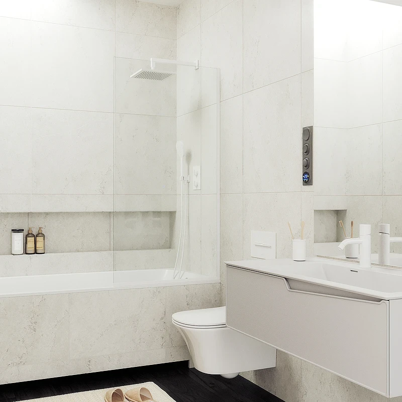 Шторка на ванну Maybah Glass MGV-62-1у 400x1400 в узком профиле Белый стекло прозрачное