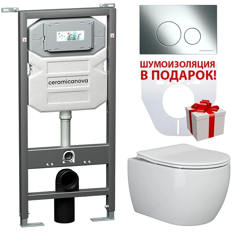 Комплект унитаза с инсталляцией Ceramicanova Play CN3001_1001CH_1000 с сиденьем Микролифт и клавишей смыва Хром фаянс подвесной